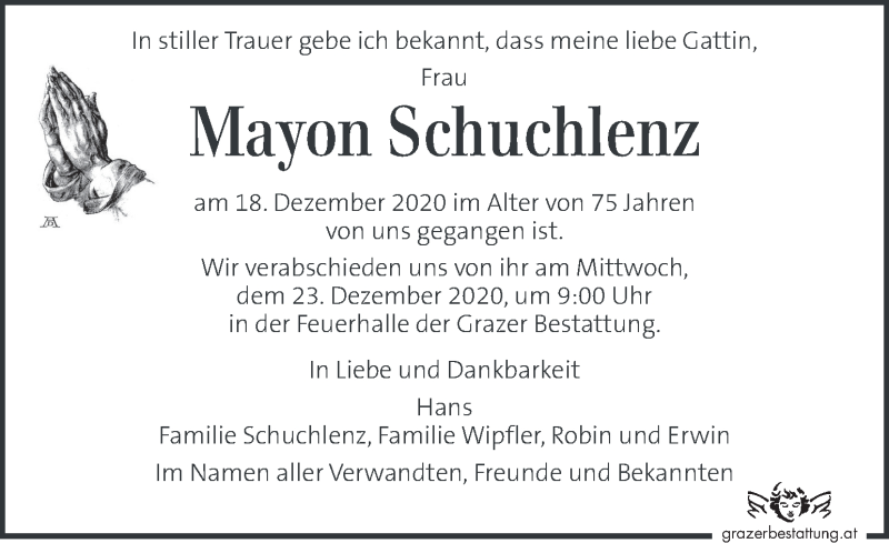  Traueranzeige für Mayon Schuchlenz vom 19.12.2020 aus Kleine Zeitung