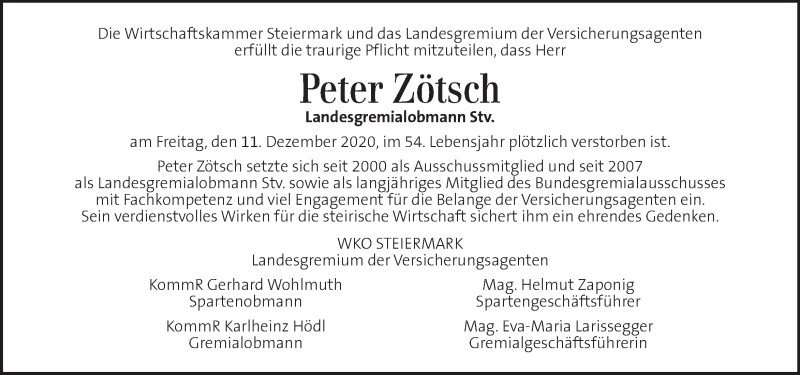  Traueranzeige für Peter Zötsch vom 18.12.2020 aus Kleine Zeitung