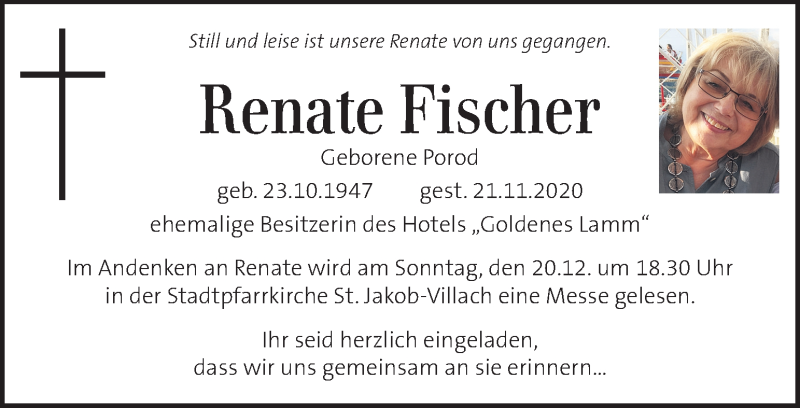  Traueranzeige für Renate Fischer vom 18.12.2020 aus Kleine Zeitung