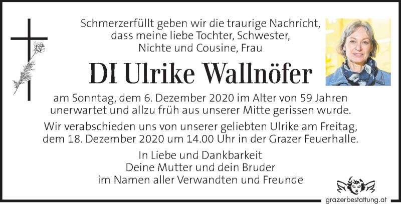  Traueranzeige für Ulrike Wallnöfer vom 13.12.2020 aus Kleine Zeitung