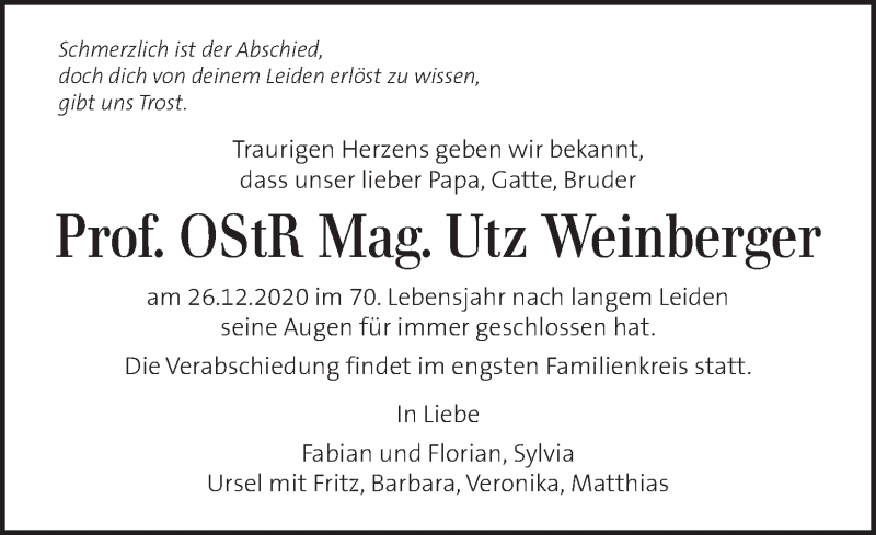  Traueranzeige für Utz Weinberger vom 30.12.2020 aus Kleine Zeitung