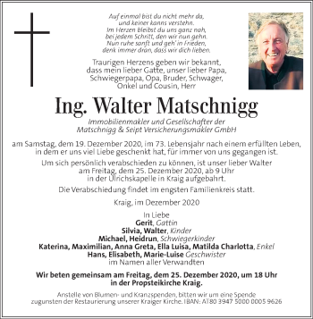 Traueranzeige von Walter Matschnigg von Kleine Zeitung