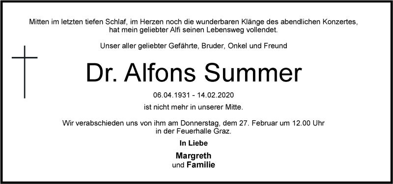  Traueranzeige für Alfons Summer vom 22.02.2020 aus Kleine Zeitung