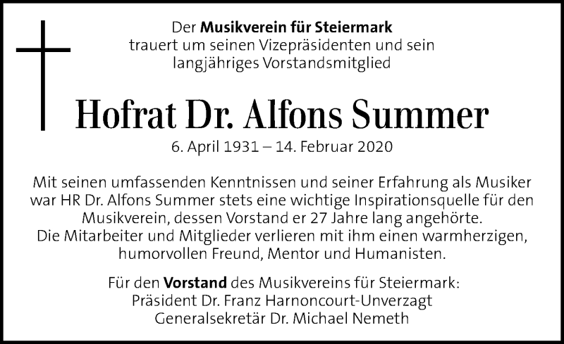  Traueranzeige für Alfons Summer vom 21.02.2020 aus Kleine Zeitung