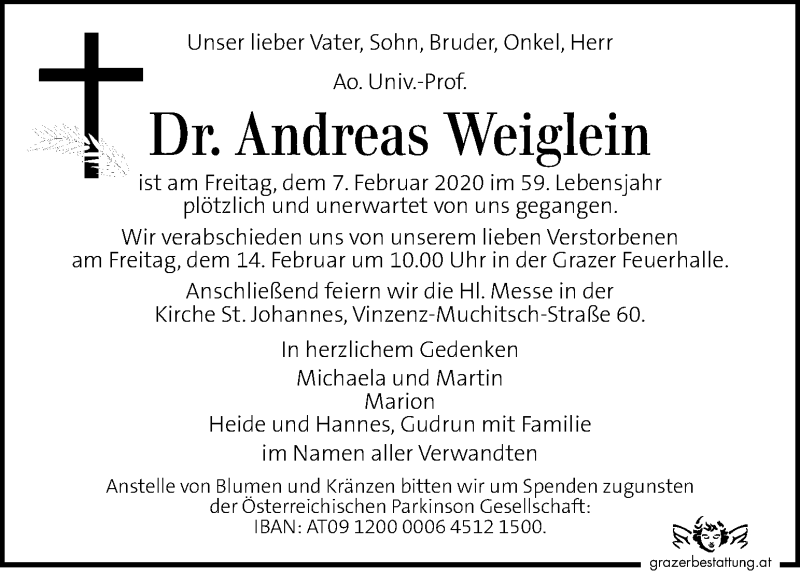  Traueranzeige für Andreas Weiglein vom 12.02.2020 aus Kleine Zeitung