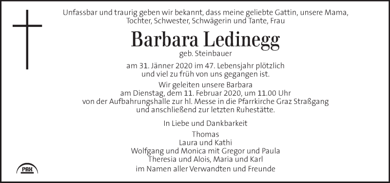  Traueranzeige für Barbara Ledinegg vom 06.02.2020 aus Kleine Zeitung