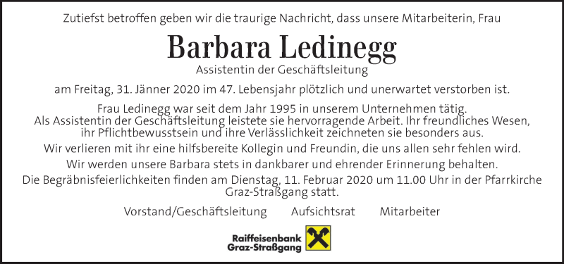  Traueranzeige für Barbara Ledinegg vom 07.02.2020 aus Kleine Zeitung