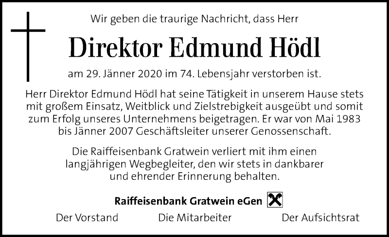  Traueranzeige für Edmund Hödl vom 11.02.2020 aus Kleine Zeitung