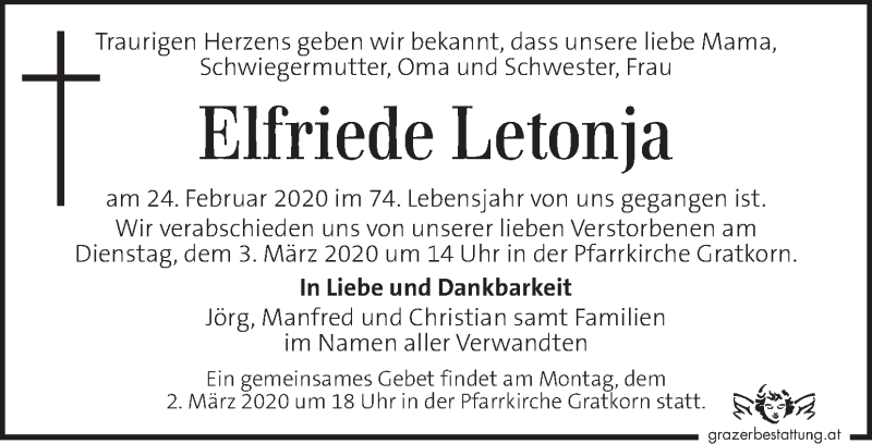  Traueranzeige für Elfriede Letonja vom 28.02.2020 aus Kleine Zeitung
