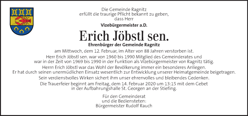  Traueranzeige für Erich Jöbstl sen. vom 14.02.2020 aus Kleine Zeitung