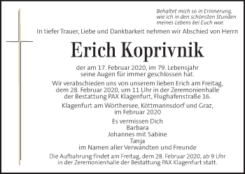 Traueranzeige von Erich Koprivnik von Kleine Zeitung