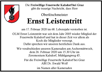 Traueranzeige von Ernst Leistentritt von Kleine Zeitung