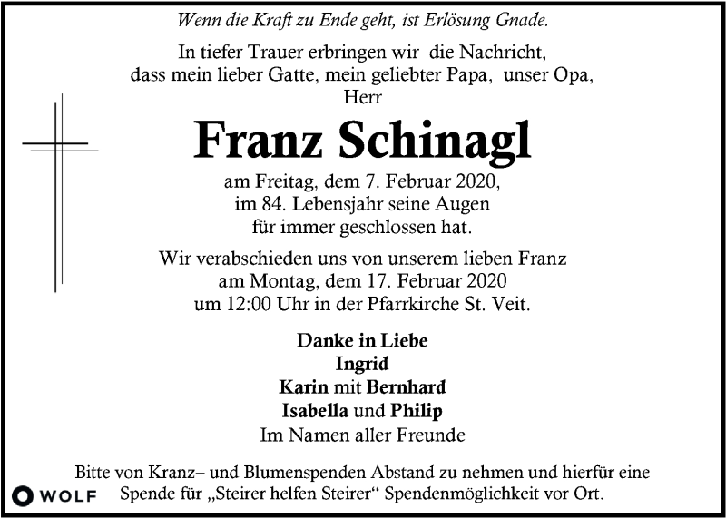  Traueranzeige für Franz Schinagl vom 12.02.2020 aus Kleine Zeitung