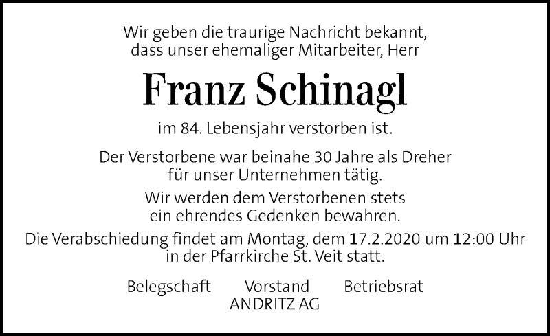  Traueranzeige für Franz Schinagl vom 15.02.2020 aus Kleine Zeitung