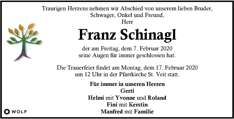  Traueranzeige für Franz Schinagl vom 14.02.2020 aus Kleine Zeitung