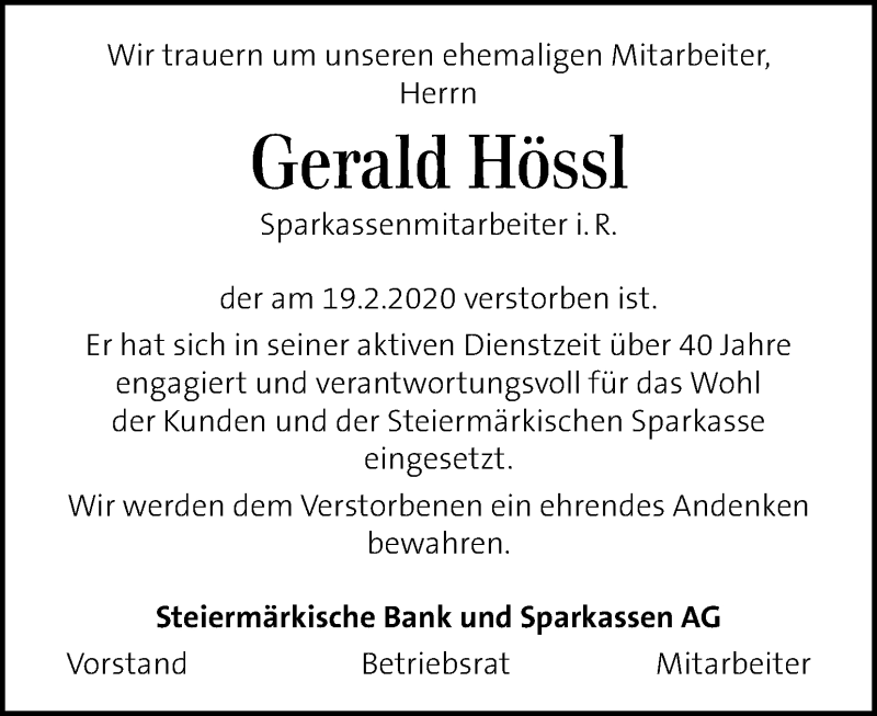  Traueranzeige für Gerald Hössl vom 23.02.2020 aus Kleine Zeitung