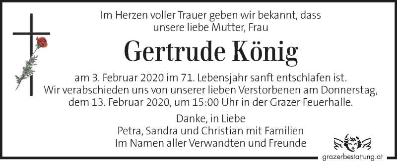  Traueranzeige für Gertrude König vom 09.02.2020 aus Kleine Zeitung