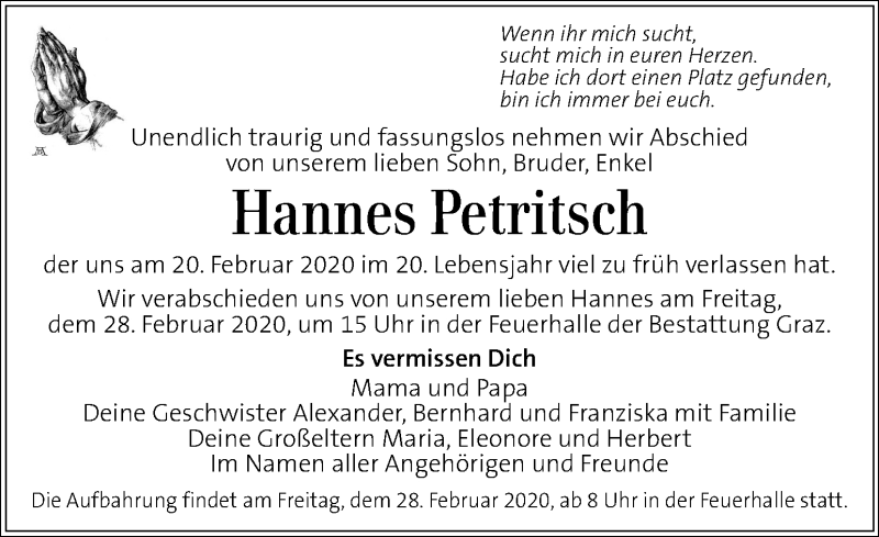  Traueranzeige für Hannes Petritsch vom 26.02.2020 aus Kleine Zeitung