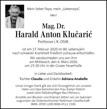 Traueranzeige von Harald Anton Klucaric von Kleine Zeitung