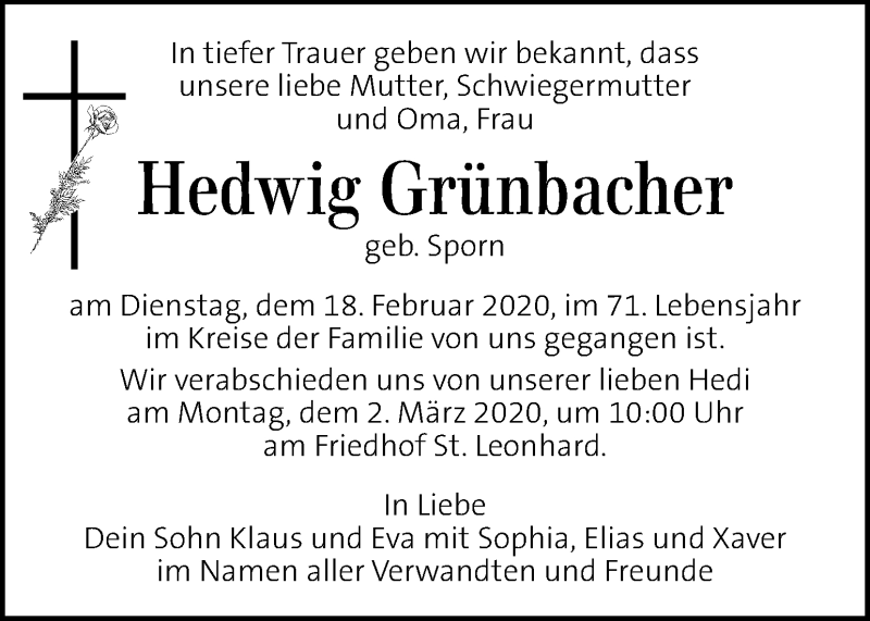  Traueranzeige für Hedwig Grünbacher vom 26.02.2020 aus Kleine Zeitung
