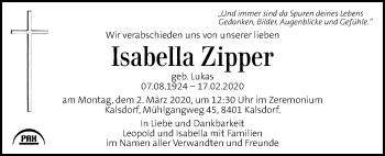 Traueranzeige von Isabella Zipper von Kleine Zeitung