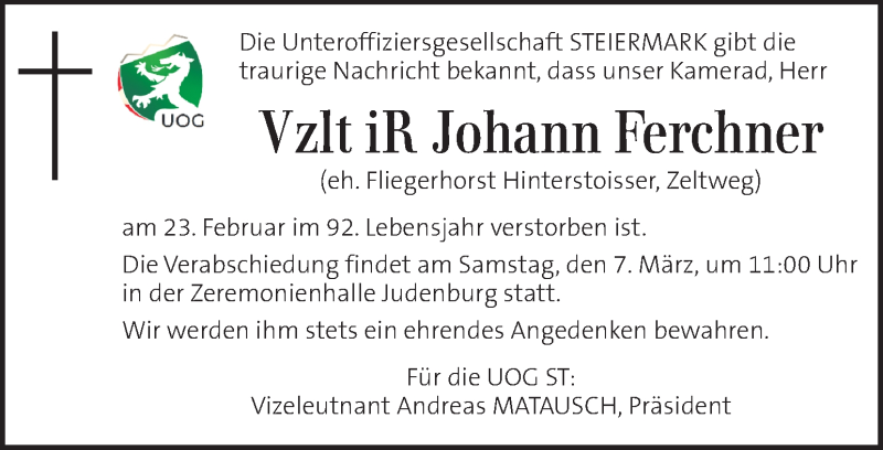  Traueranzeige für Johann Ferchner vom 01.03.2020 aus Kleine Zeitung