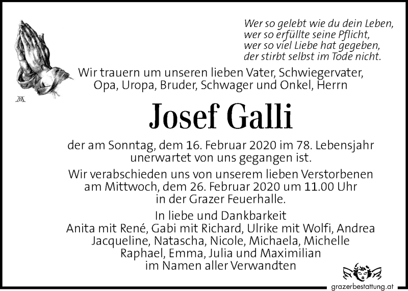  Traueranzeige für Josef Galli vom 21.02.2020 aus Kleine Zeitung