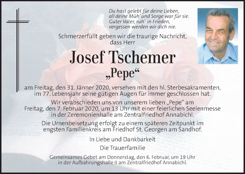  Traueranzeige für Josef Tschemer vom 05.02.2020 aus Kleine Zeitung