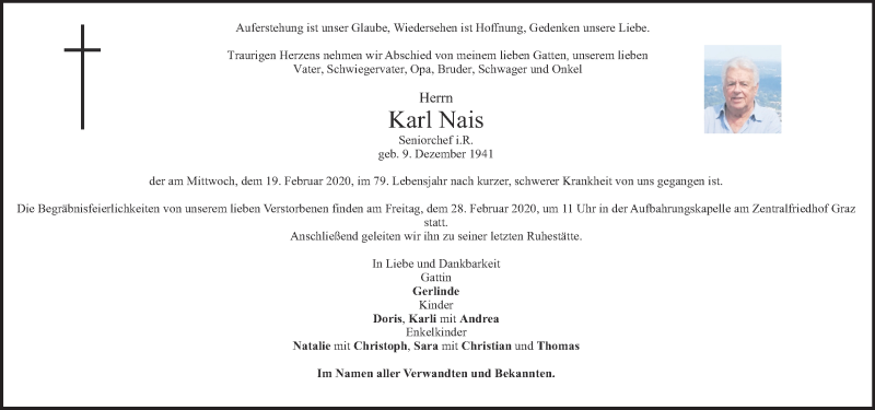  Traueranzeige für Karl Nais vom 23.02.2020 aus Kleine Zeitung