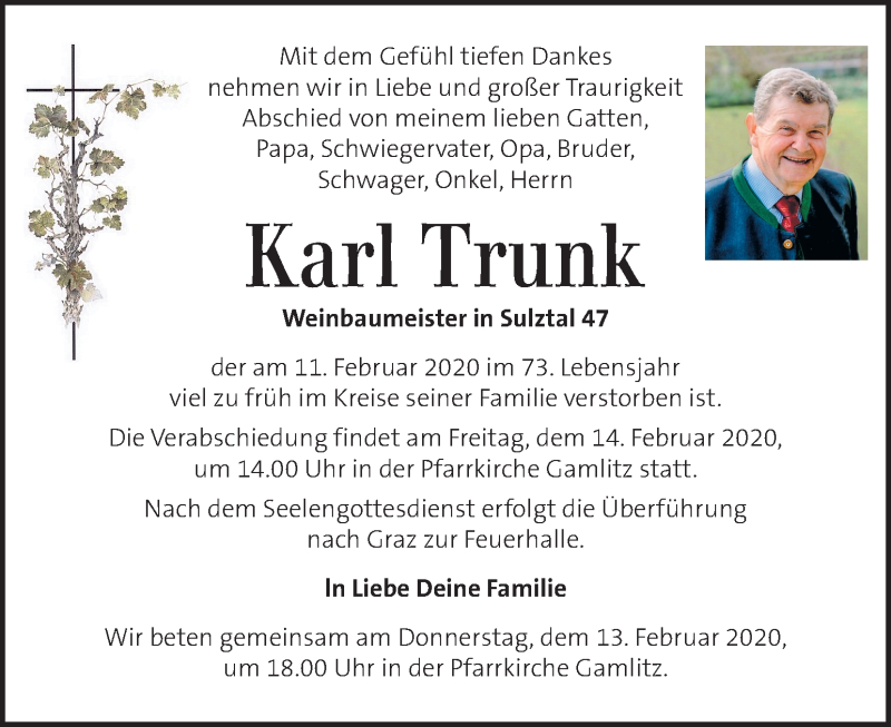  Traueranzeige für Karl Trunk vom 13.02.2020 aus Kleine Zeitung