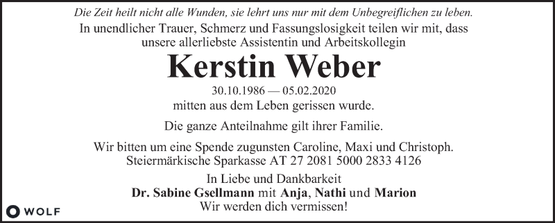 Traueranzeige für Kerstin Weber vom 08.02.2020 aus Kleine Zeitung