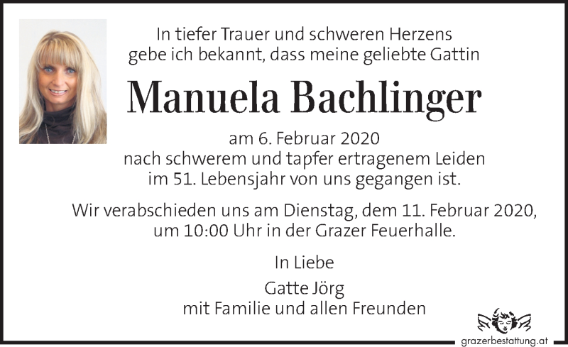  Traueranzeige für Manuela Bachlinger vom 09.02.2020 aus Kleine Zeitung