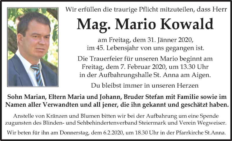  Traueranzeige für Mario Kowald vom 05.02.2020 aus Kleine Zeitung
