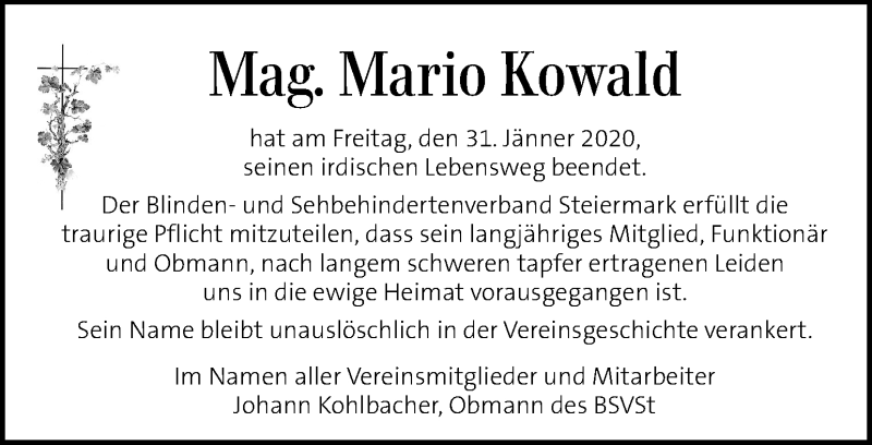  Traueranzeige für Mario Kowald vom 06.02.2020 aus Kleine Zeitung