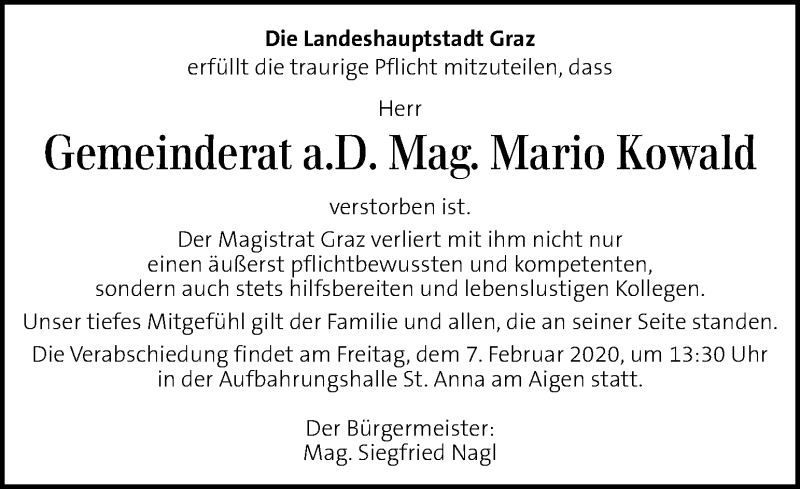  Traueranzeige für Mario Kowald vom 05.02.2020 aus Kleine Zeitung
