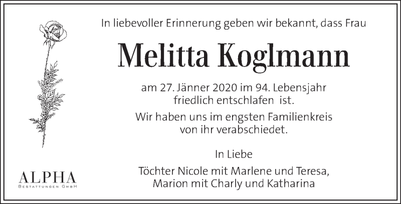  Traueranzeige für Melitta Koglmann vom 05.02.2020 aus Kleine Zeitung