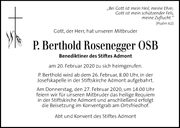 Traueranzeige von P. Berthold Rosenegger von Kleine Zeitung