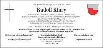 Traueranzeige von Rudolf Klary von Kleine Zeitung