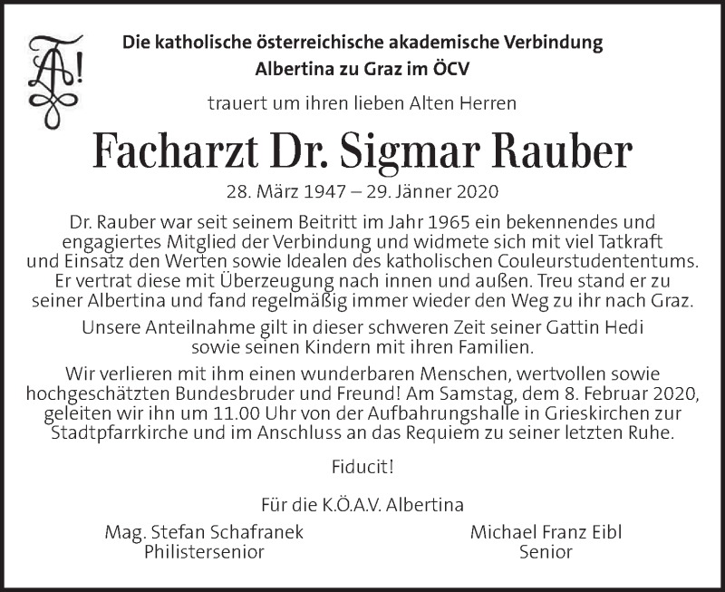  Traueranzeige für Sigmar Rauber vom 04.02.2020 aus Kleine Zeitung