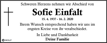 Traueranzeige von Sofie Einfalt von Kleine Zeitung