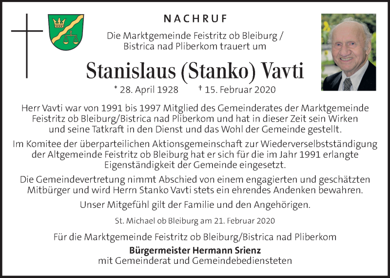  Traueranzeige für Stanislaus Vavti vom 22.02.2020 aus Kleine Zeitung