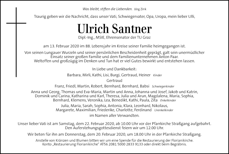  Traueranzeige für Ulrich Santner vom 16.02.2020 aus Kleine Zeitung
