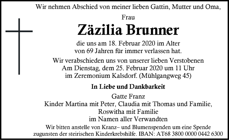  Traueranzeige für Zäzilia Brunner vom 22.02.2020 aus Kleine Zeitung