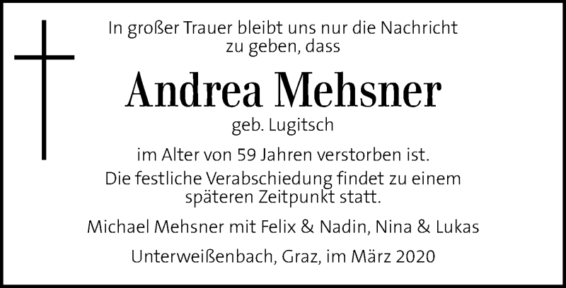  Traueranzeige für Andrea Mehsner vom 26.03.2020 aus Kleine Zeitung