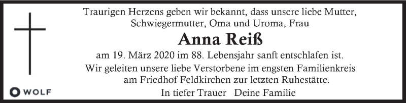 Traueranzeige für Anna Reiß vom 24.03.2020 aus Kleine Zeitung