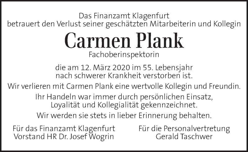  Traueranzeige für Carmen Plank vom 27.03.2020 aus Kleine Zeitung
