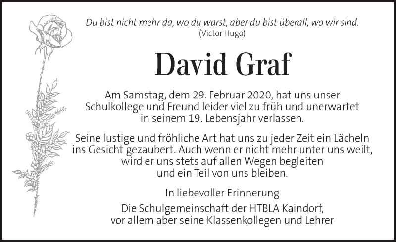  Traueranzeige für David Graf vom 06.03.2020 aus Kleine Zeitung