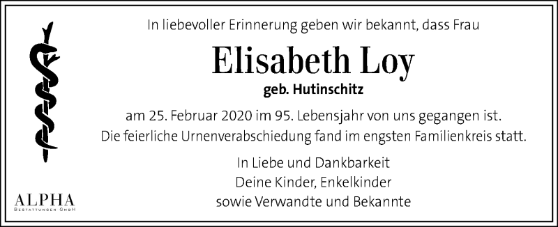  Traueranzeige für Elisabeth Loy vom 07.03.2020 aus Kleine Zeitung