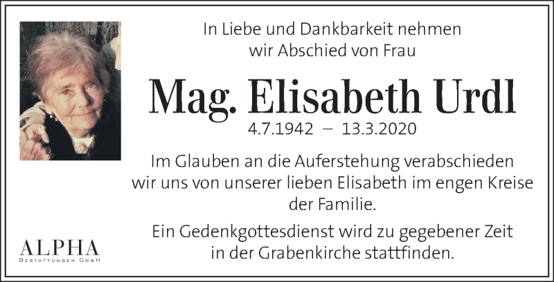  Traueranzeige für Elisabeth Urdl vom 29.03.2020 aus Kleine Zeitung