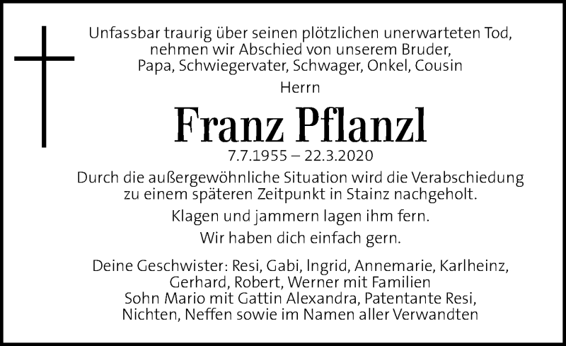  Traueranzeige für Franz Pflanzl vom 26.03.2020 aus Kleine Zeitung